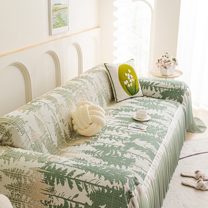 91家纺网 家纺一手货源 找家纺 沐沐家纺 2026春夏新款枝荫沙发巾 枝荫-柠檬绿