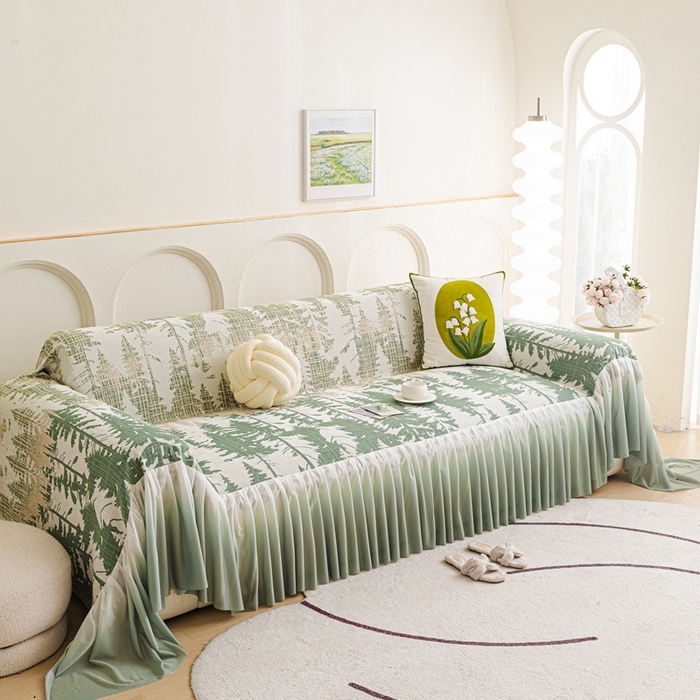 91家纺网 家纺一手货源 找家纺 沐沐家纺 2026春夏新款枝荫沙发巾 枝荫-柠檬绿