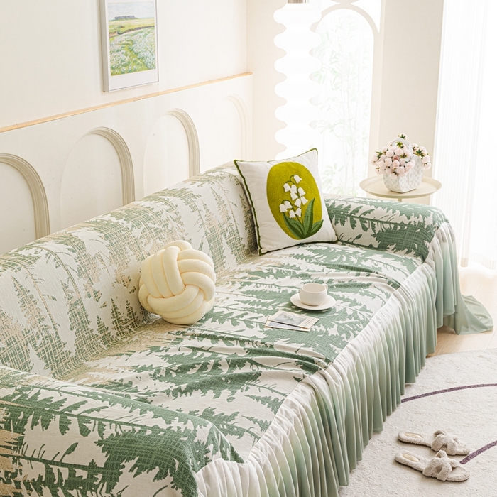 91家纺网 家纺一手货源 找家纺 沐沐家纺 2026春夏新款枝荫沙发巾 枝荫-柠檬绿