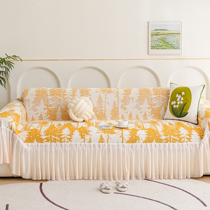 91家纺网 家纺一手货源 找家纺 沐沐家纺 2026春夏新款枝荫沙发巾 枝荫-落日黄