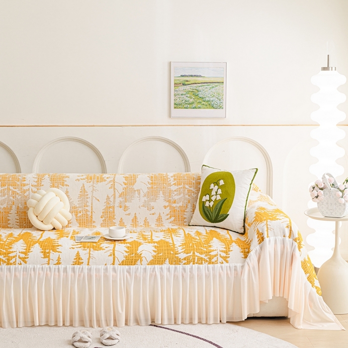 91家纺网 家纺一手货源 找家纺 沐沐家纺 2026春夏新款枝荫沙发巾 枝荫-落日黄