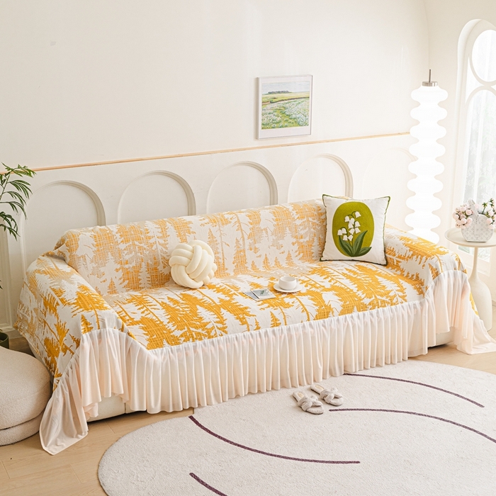 91家纺网 家纺一手货源 找家纺 沐沐家纺 2026春夏新款枝荫沙发巾 枝荫-落日黄