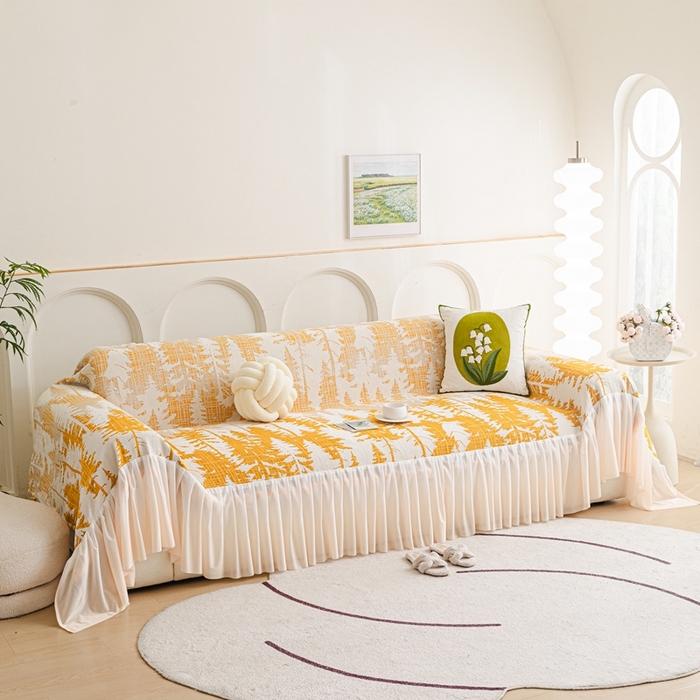 91家纺网 家纺一手货源 找家纺 沐沐家纺 2026春夏新款枝荫沙发巾 枝荫-落日黄