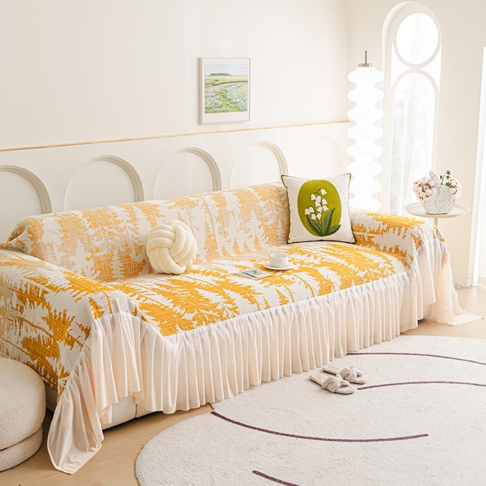 91家纺网 家纺一手货源 找家纺 沐沐家纺 2026春夏新款枝荫沙发巾 枝荫-落日黄