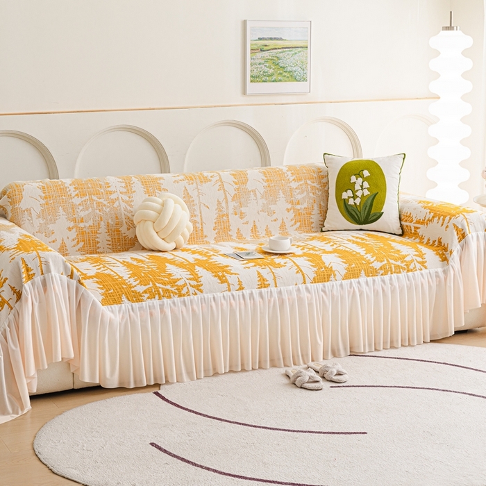 91家纺网 家纺一手货源 找家纺 沐沐家纺 2026春夏新款枝荫沙发巾 枝荫-落日黄