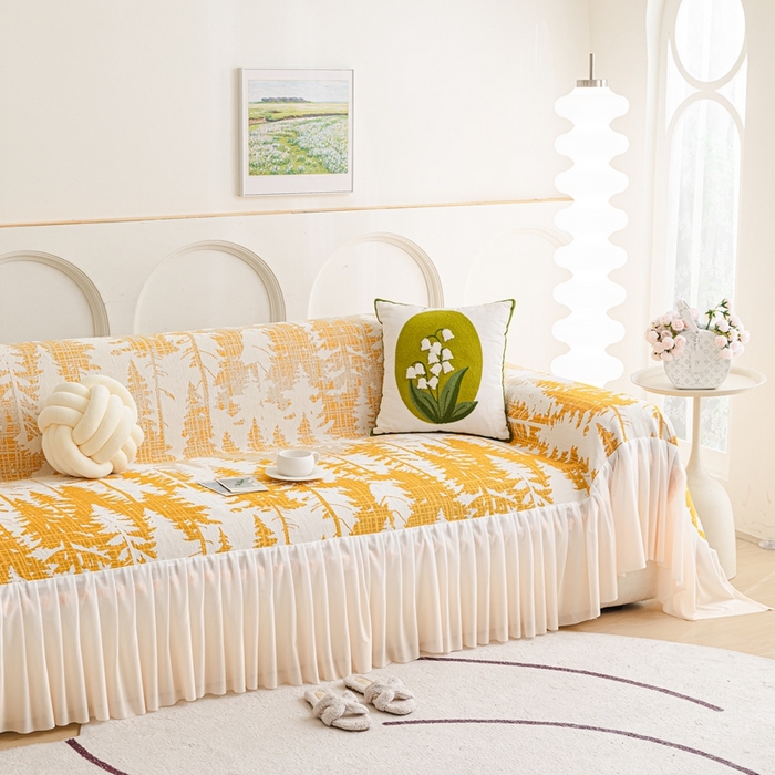 91家纺网 家纺一手货源 找家纺 沐沐家纺 2026春夏新款枝荫沙发巾 枝荫-落日黄