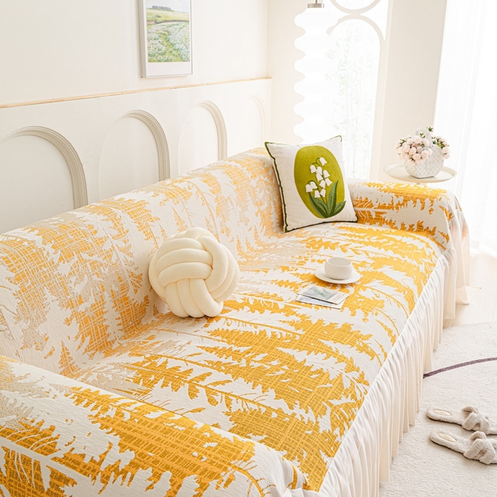 91家纺网 家纺一手货源 找家纺 沐沐家纺 2026春夏新款枝荫沙发巾 枝荫-落日黄