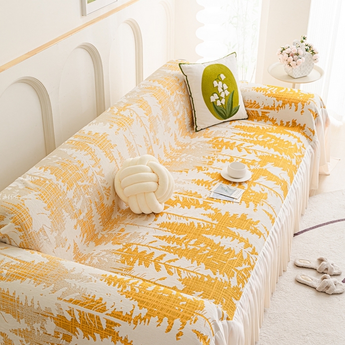 91家纺网 家纺一手货源 找家纺 沐沐家纺 2026春夏新款枝荫沙发巾 枝荫-落日黄