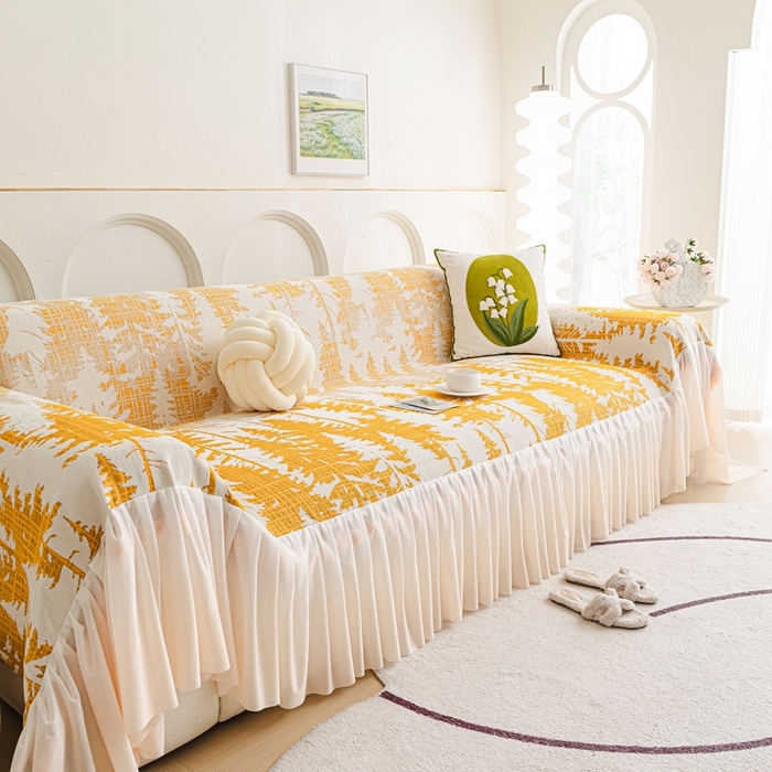 91家纺网 家纺一手货源 找家纺 沐沐家纺 2026春夏新款枝荫沙发巾 枝荫-落日黄