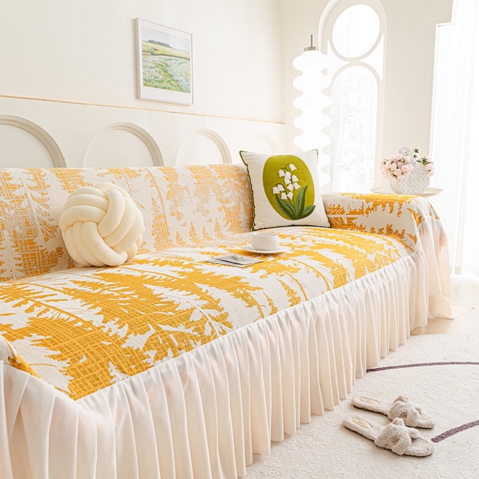 91家纺网 家纺一手货源 找家纺 沐沐家纺 2026春夏新款枝荫沙发巾 枝荫-落日黄