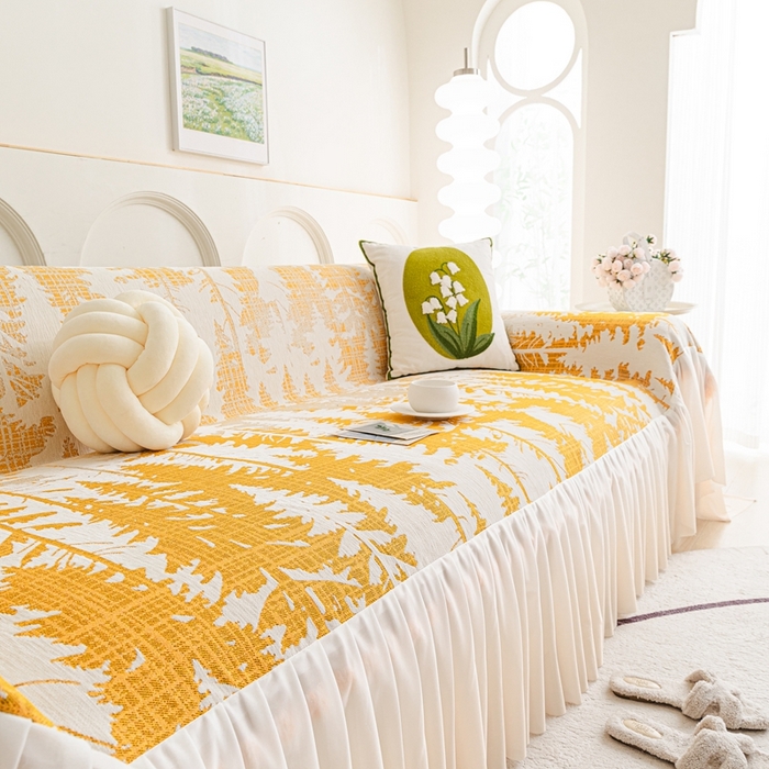 91家纺网 家纺一手货源 找家纺 沐沐家纺 2026春夏新款枝荫沙发巾 枝荫-落日黄