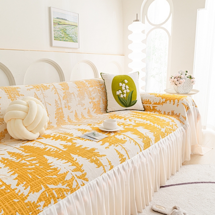 91家纺网 家纺一手货源 找家纺 沐沐家纺 2026春夏新款枝荫沙发巾 枝荫-落日黄