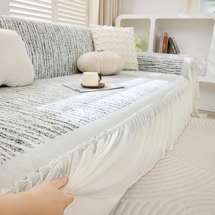 91家纺网 家纺一手货源 找家纺 沐沐家纺 2026春夏新款宛柔裙边沙发巾 宛柔裙边-黑色