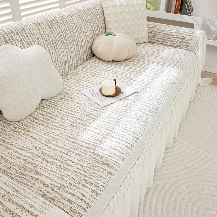 91家纺网 家纺一手货源 找家纺 沐沐家纺 2026春夏新款宛柔裙边沙发巾 宛柔裙边-驼色