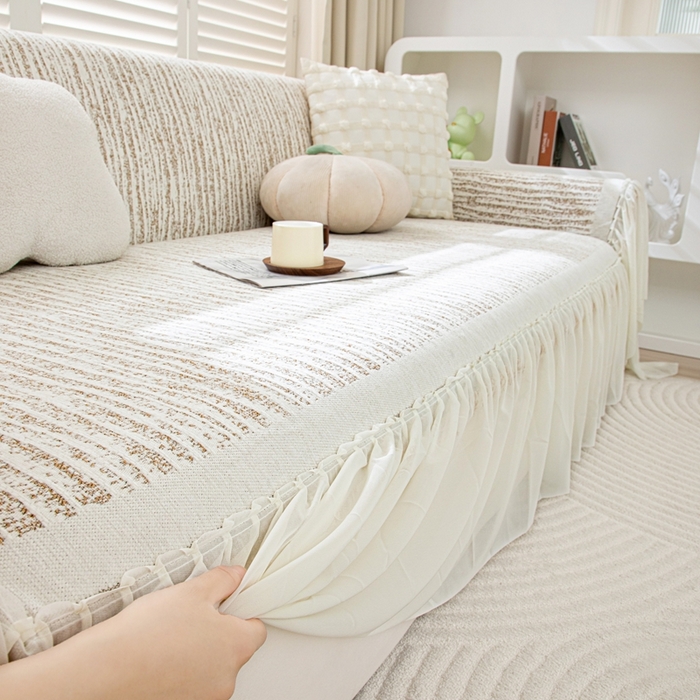 91家纺网 家纺一手货源 找家纺 沐沐家纺 2026春夏新款宛柔裙边沙发巾 宛柔裙边-驼色