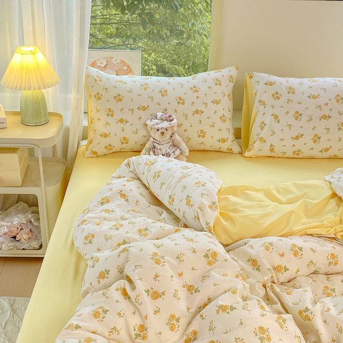 91家纺网 家纺一手货源 找家纺 （总）雅阁尔家纺 2025新款直播小红书ins风针织提花双层纱四件套小碎花被套床笠三件套-平铺