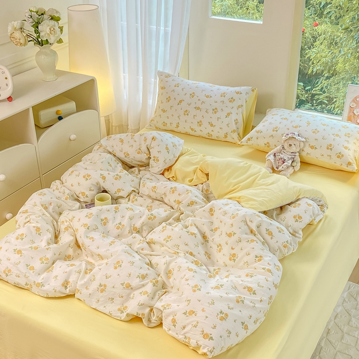 91家纺网 家纺一手货源 找家纺 （总）雅阁尔家纺 2025新款直播小红书ins风针织提花双层纱四件套小碎花被套床笠三件套-平铺