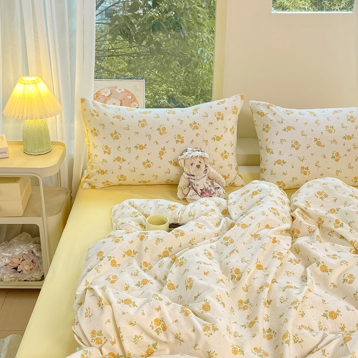 91家纺网 家纺一手货源 找家纺 （总）雅阁尔家纺 2025新款直播小红书ins风针织提花双层纱四件套小碎花被套床笠三件套-平铺