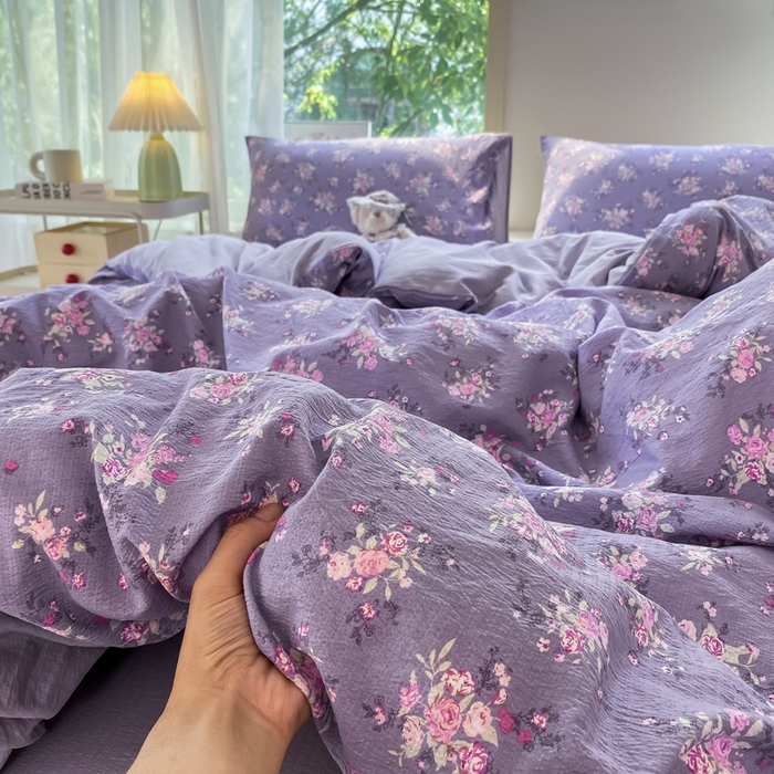 91家纺网 家纺一手货源 找家纺 （总）雅阁尔家纺 2025新款直播小红书ins风针织提花双层纱四件套小碎花被套床笠三件套-平铺