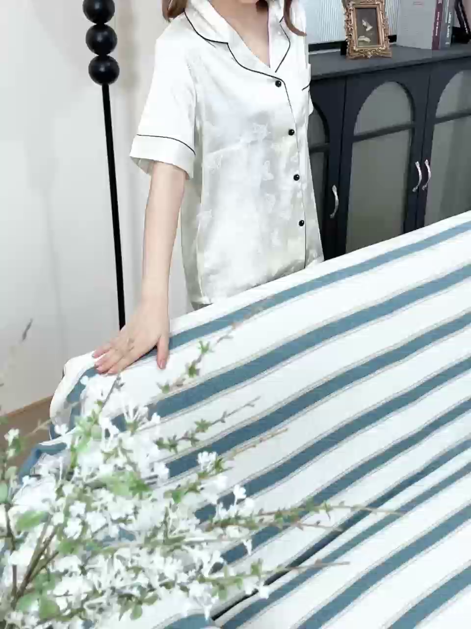 91家纺网 家纺一手货源 找家纺 沐沐家纺 2026新款无印风沙发巾 蓝色条纹