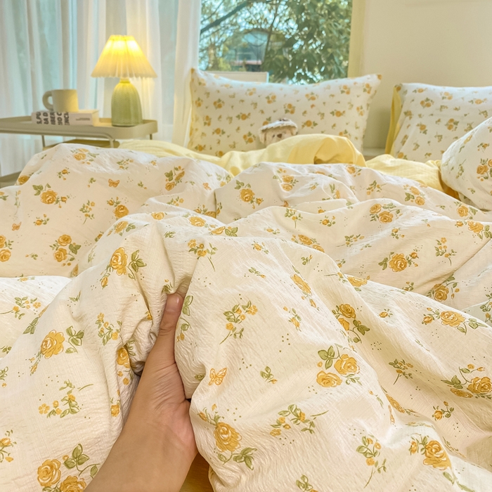 91家纺网 家纺一手货源 找家纺 雅阁尔家纺 2025新款直播小红书ins风针织提花双层纱四件套小碎花被套床笠三件套-平铺 半岛花园