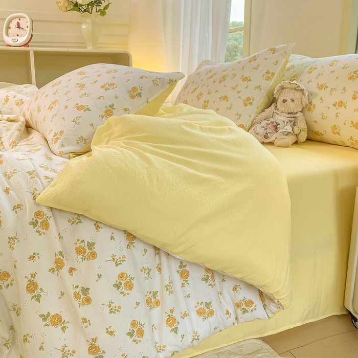 91家纺网 家纺一手货源 找家纺 雅阁尔家纺 2025新款直播小红书ins风针织提花双层纱四件套小碎花被套床笠三件套-平铺 半岛花园