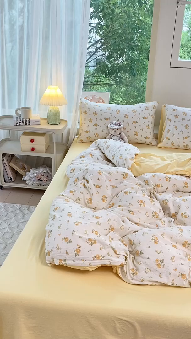 91家纺网 家纺一手货源 找家纺 雅阁尔家纺 2025新款直播小红书ins风针织提花双层纱四件套小碎花被套床笠三件套-平铺 半岛花园