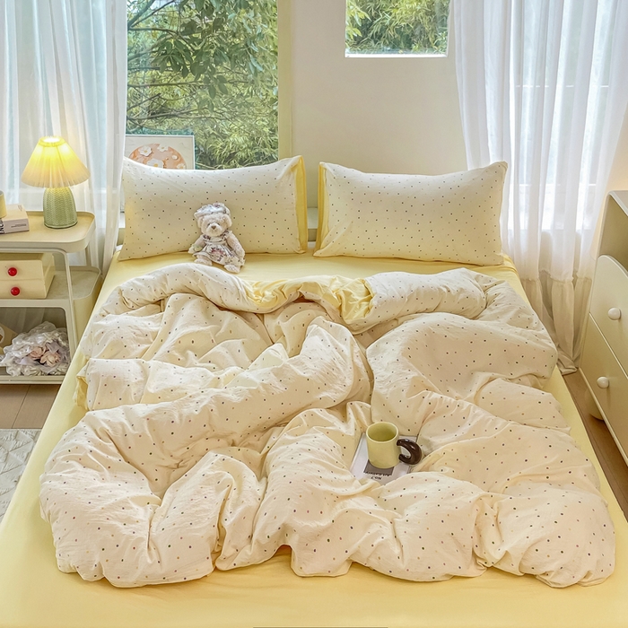 91家纺网 家纺一手货源 找家纺 雅阁尔家纺 2025新款直播小红书ins风针织提花双层纱四件套小碎花被套床笠三件套-平铺 彩色波波