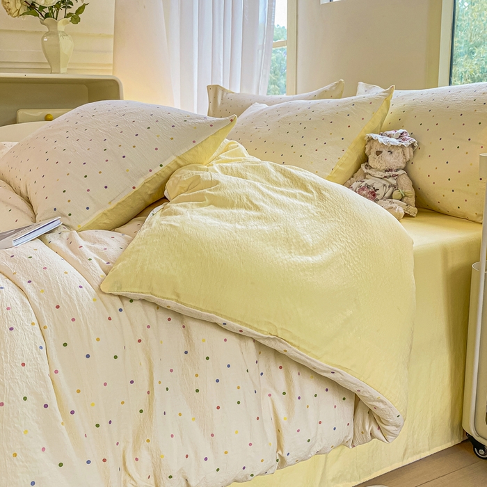 91家纺网 家纺一手货源 找家纺 雅阁尔家纺 2025新款直播小红书ins风针织提花双层纱四件套小碎花被套床笠三件套-平铺 彩色波波