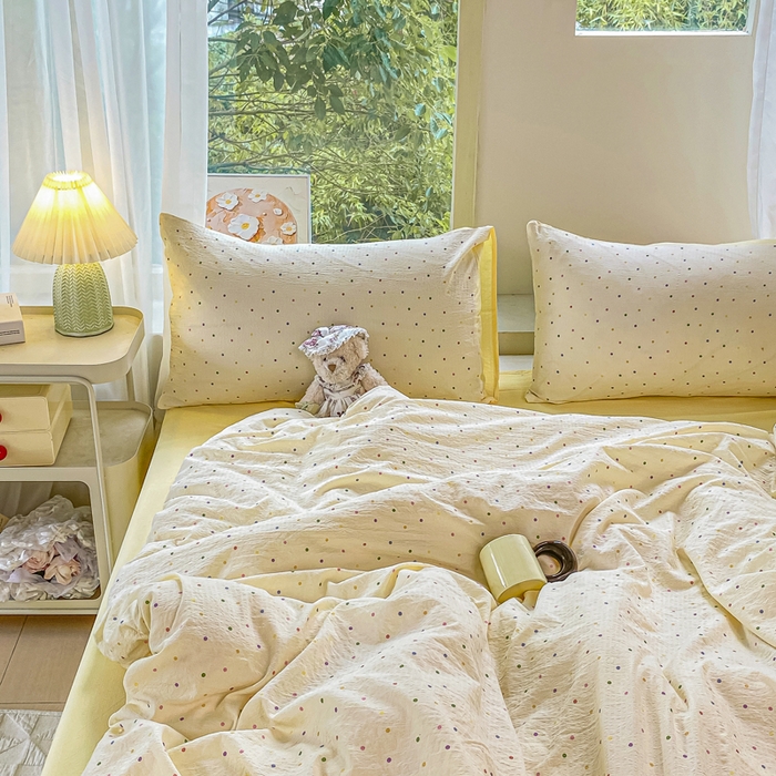 91家纺网 家纺一手货源 找家纺 雅阁尔家纺 2025新款直播小红书ins风针织提花双层纱四件套小碎花被套床笠三件套-平铺 彩色波波