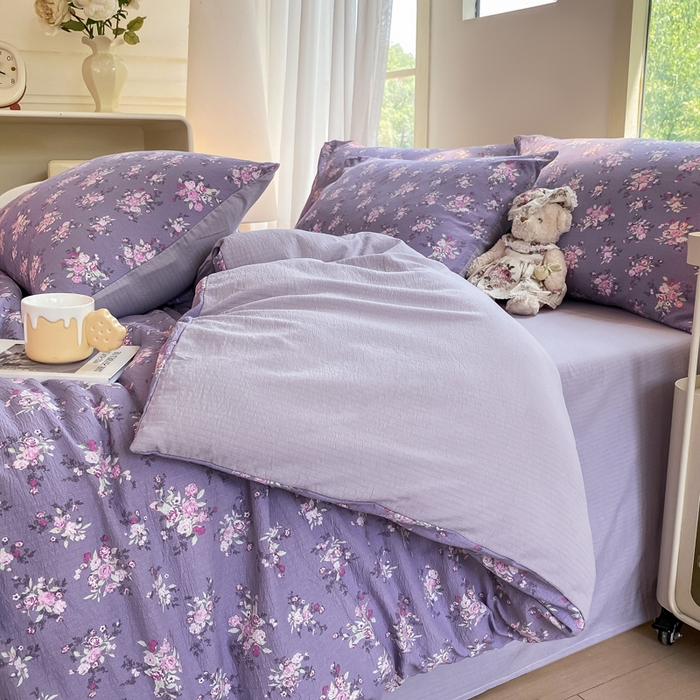 91家纺网 家纺一手货源 找家纺 雅阁尔家纺 2025新款直播小红书ins风针织提花双层纱四件套小碎花被套床笠三件套-平铺 豆蔻年华