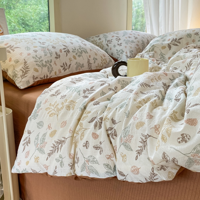 91家纺网 家纺一手货源 找家纺 雅阁尔家纺 2025新款直播小红书ins风针织提花双层纱四件套小碎花被套床笠三件套-平铺 金枝玉叶