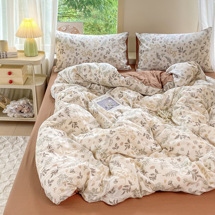 91家纺网 家纺一手货源 找家纺 雅阁尔家纺 2025新款直播小红书ins风针织提花双层纱四件套小碎花被套床笠三件套-平铺 金枝玉叶