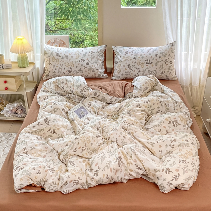 91家纺网 家纺一手货源 找家纺 雅阁尔家纺 2025新款直播小红书ins风针织提花双层纱四件套小碎花被套床笠三件套-平铺 金枝玉叶