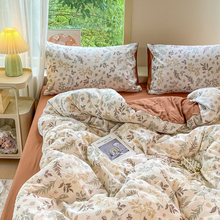 91家纺网 家纺一手货源 找家纺 雅阁尔家纺 2025新款直播小红书ins风针织提花双层纱四件套小碎花被套床笠三件套-平铺 金枝玉叶