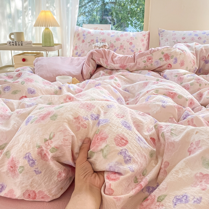 雅阁尔家纺 2025新款直播小红书ins风针织提花双层纱四件套小碎花被套床笠三件套-平铺 山花烂漫