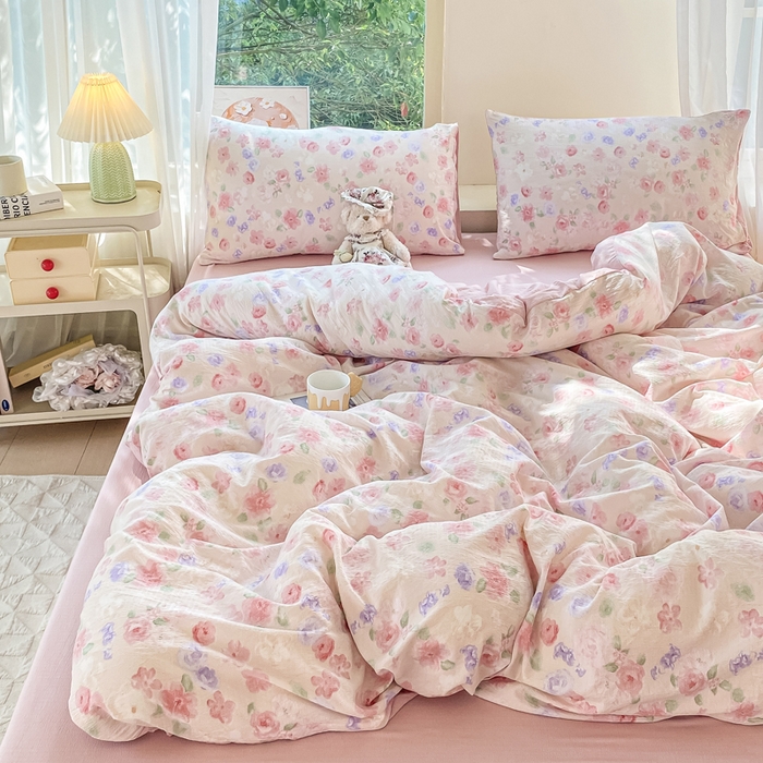 91家纺网 家纺一手货源 找家纺 雅阁尔家纺 2025新款直播小红书ins风针织提花双层纱四件套小碎花被套床笠三件套-平铺 山花烂漫