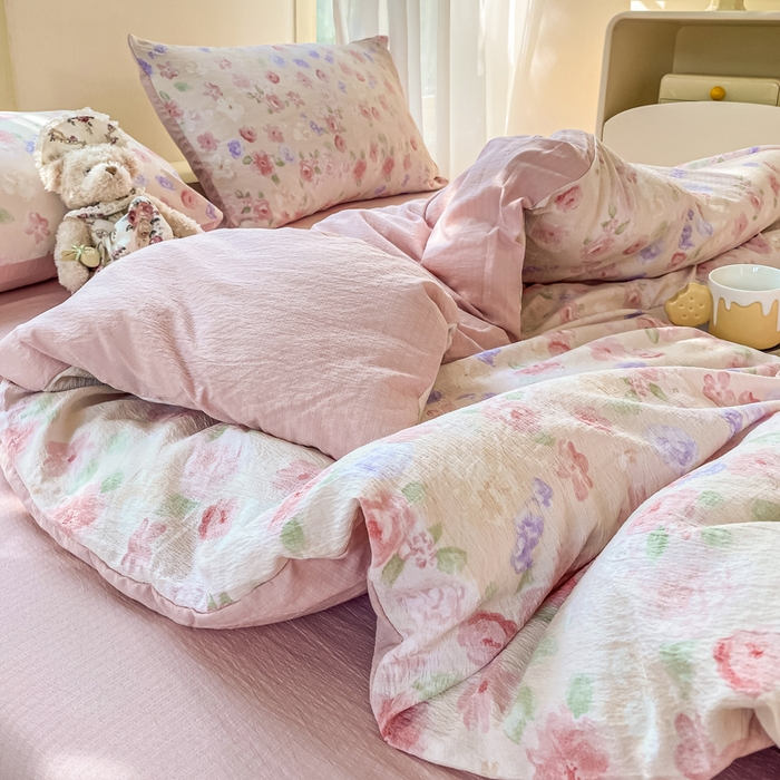 91家纺网 家纺一手货源 找家纺 雅阁尔家纺 2025新款直播小红书ins风针织提花双层纱四件套小碎花被套床笠三件套-平铺 山花烂漫