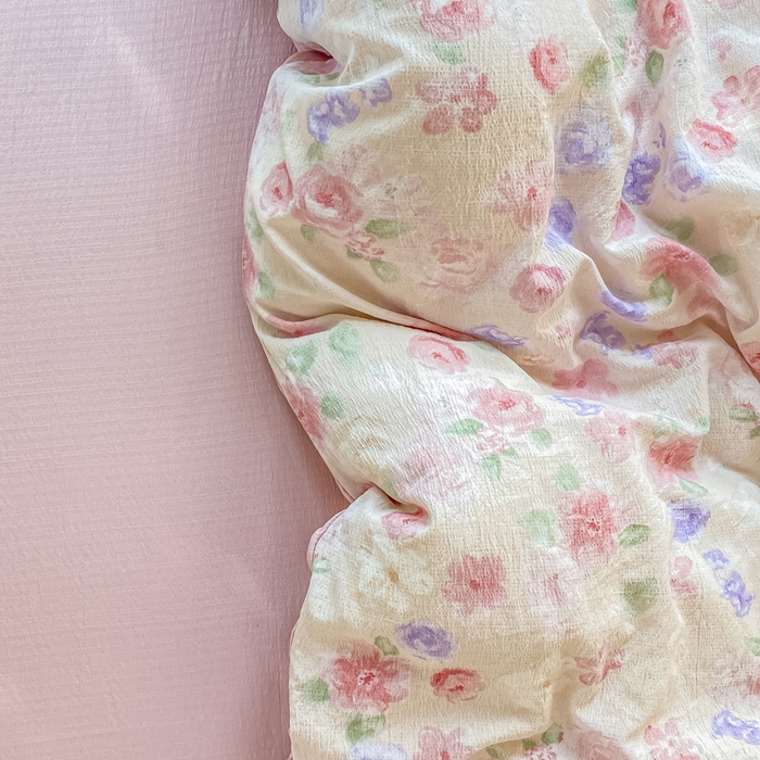 91家纺网 家纺一手货源 找家纺 雅阁尔家纺 2025新款直播小红书ins风针织提花双层纱四件套小碎花被套床笠三件套-平铺 山花烂漫