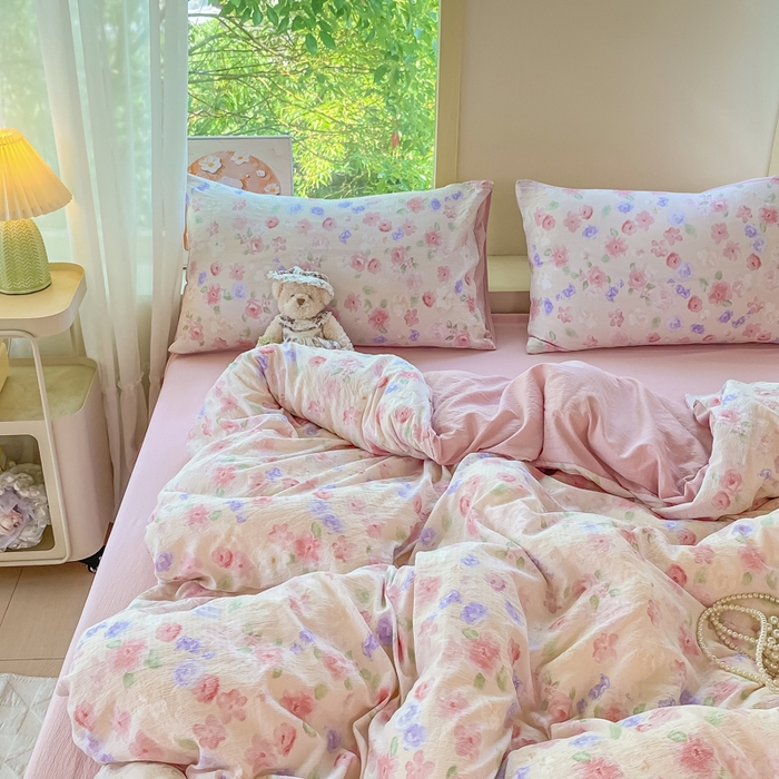 91家纺网 家纺一手货源 找家纺 雅阁尔家纺 2025新款直播小红书ins风针织提花双层纱四件套小碎花被套床笠三件套-平铺 山花烂漫