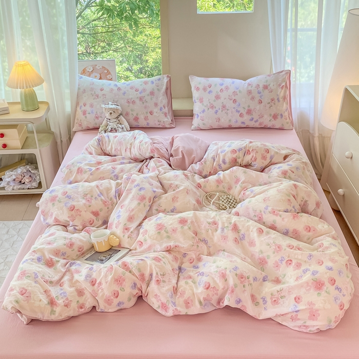 91家纺网 家纺一手货源 找家纺 雅阁尔家纺 2025新款直播小红书ins风针织提花双层纱四件套小碎花被套床笠三件套-平铺 山花烂漫