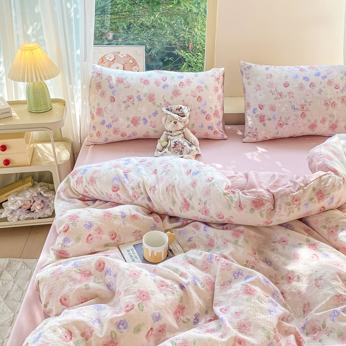 91家纺网 家纺一手货源 找家纺 雅阁尔家纺 2025新款直播小红书ins风针织提花双层纱四件套小碎花被套床笠三件套-平铺 山花烂漫