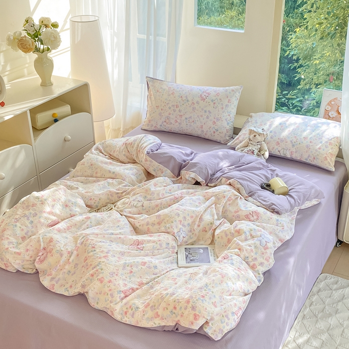 91家纺网 家纺一手货源 找家纺 雅阁尔家纺 2025新款直播小红书ins风针织提花双层纱四件套小碎花被套床笠三件套-平铺 逃之夭夭