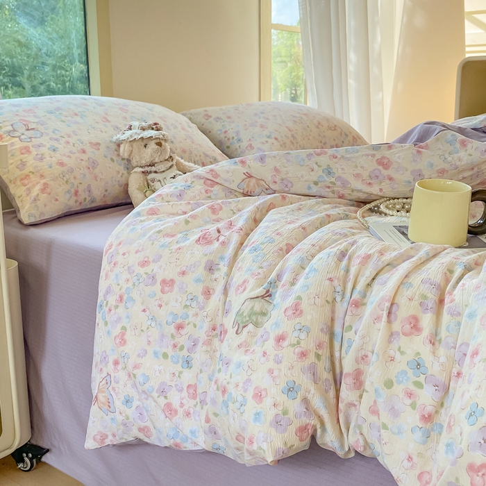 91家纺网 家纺一手货源 找家纺 雅阁尔家纺 2025新款直播小红书ins风针织提花双层纱四件套小碎花被套床笠三件套-平铺 逃之夭夭