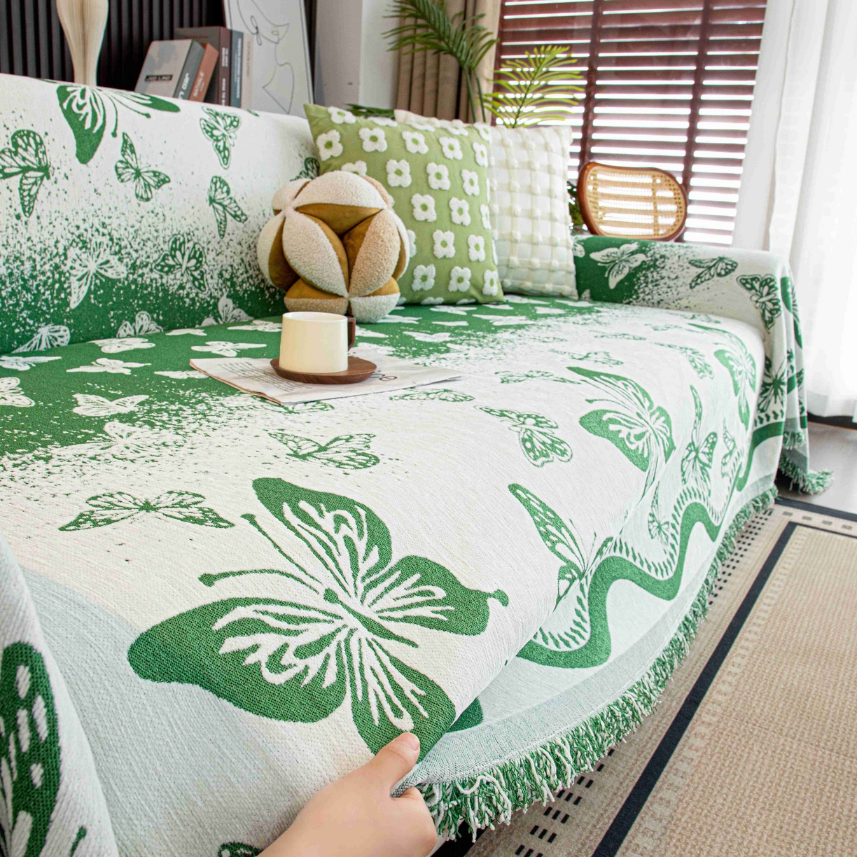 91家纺网 家纺一手货源 找家纺 沐沐家纺 2026新款恋蝶沙发巾 绿色