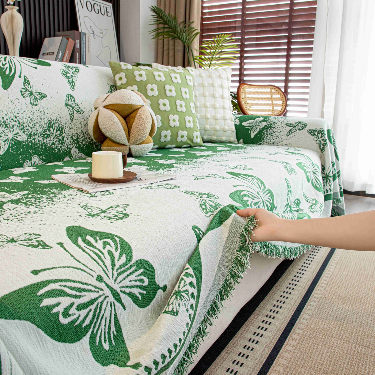 91家纺网 家纺一手货源 找家纺 沐沐家纺 2026新款恋蝶沙发巾 绿色