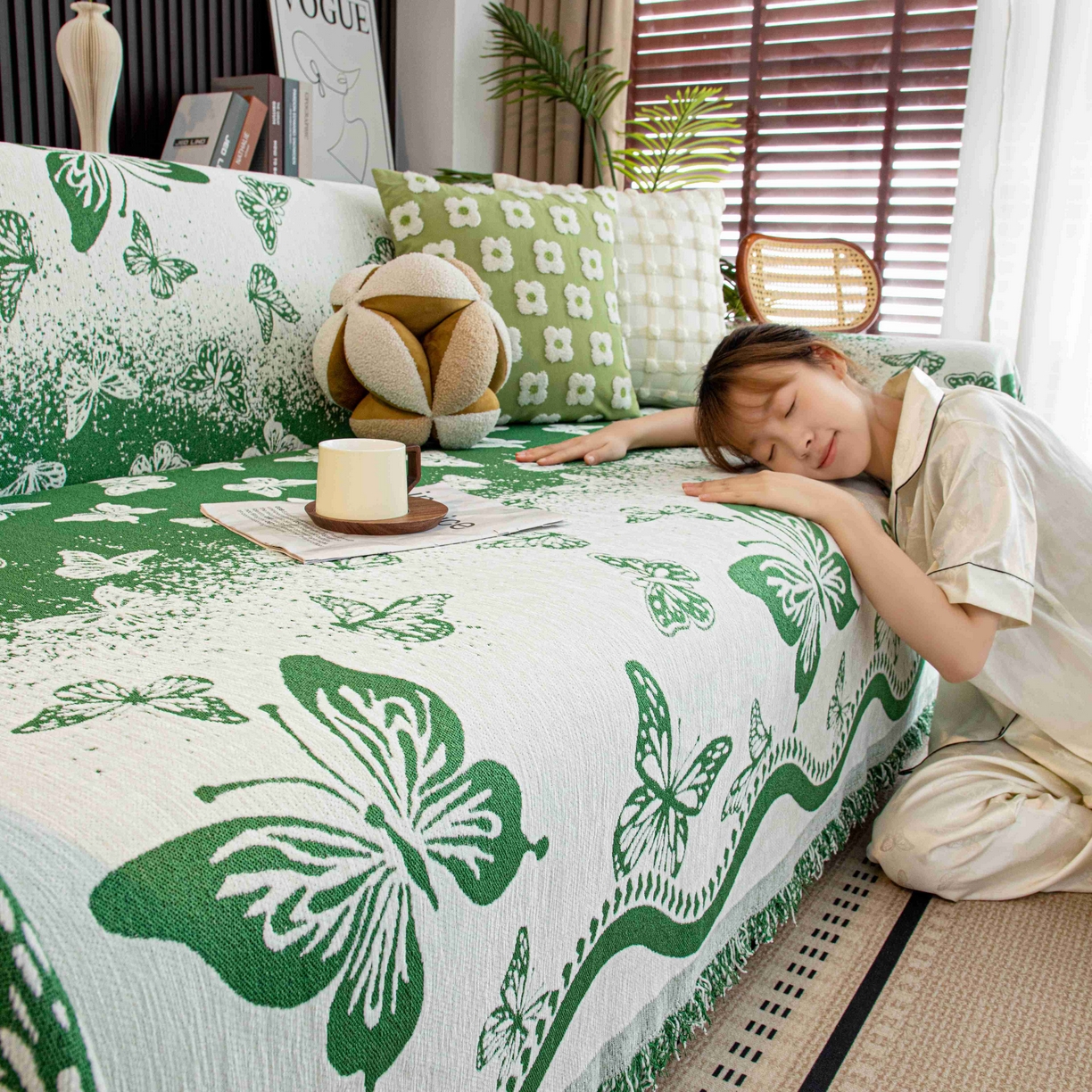 91家纺网 家纺一手货源 找家纺 沐沐家纺 2026新款恋蝶沙发巾 绿色