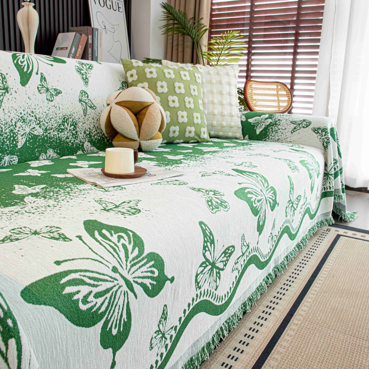 91家纺网 家纺一手货源 找家纺 沐沐家纺 2026新款恋蝶沙发巾 绿色