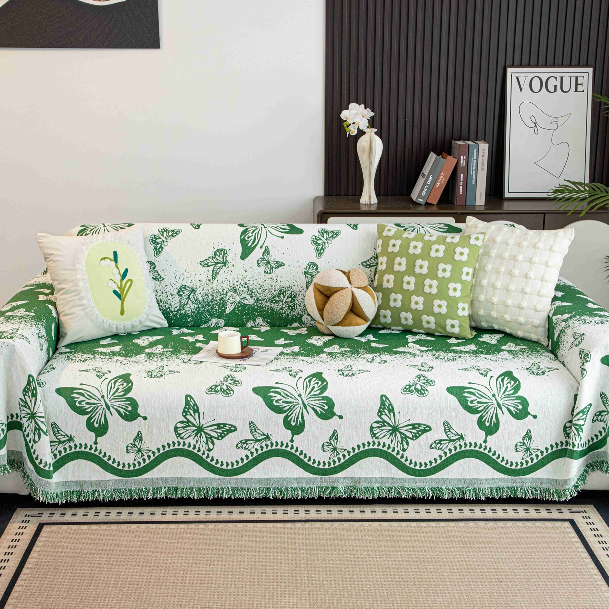 91家纺网 家纺一手货源 找家纺 沐沐家纺 2026新款恋蝶沙发巾 绿色