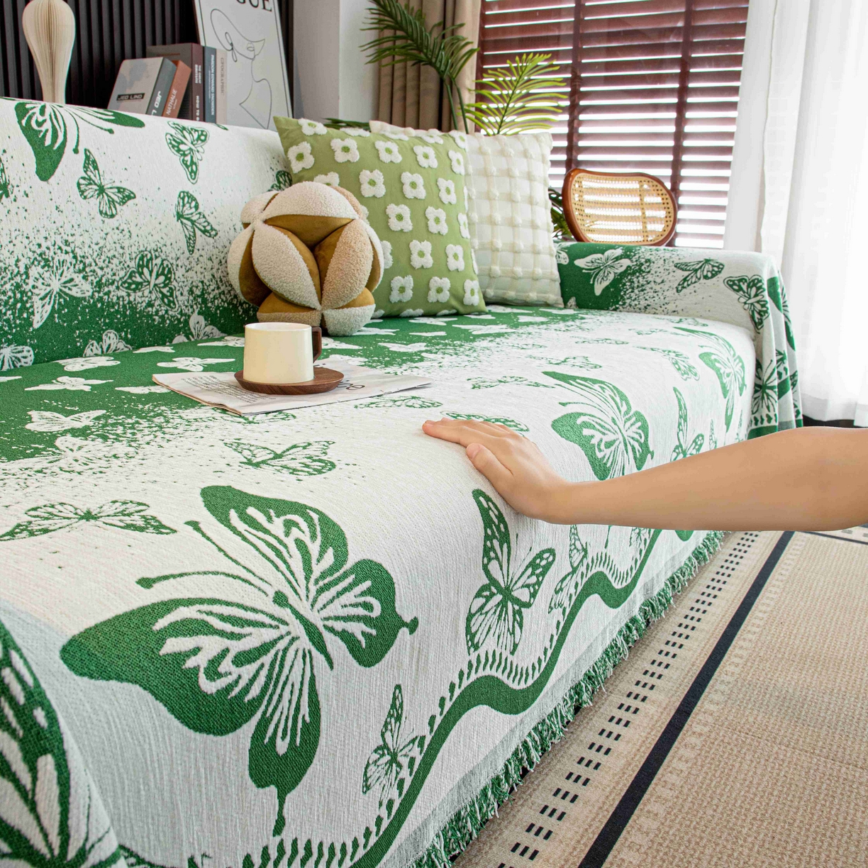 91家纺网 家纺一手货源 找家纺 沐沐家纺 2026新款恋蝶沙发巾 绿色